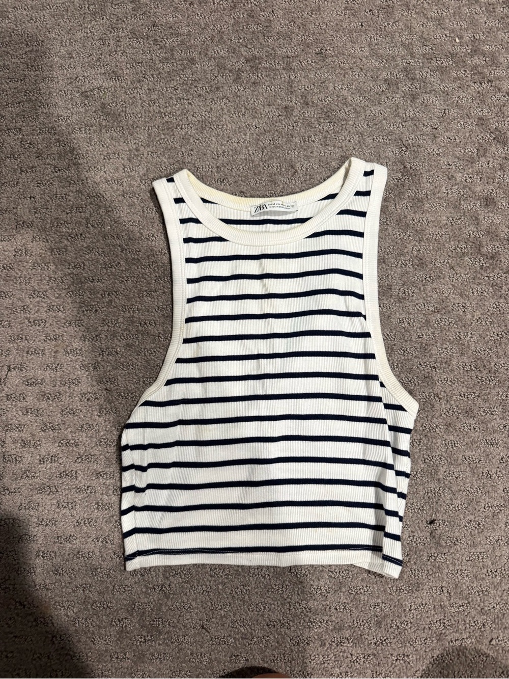 Zara White & Navy Striped Ribbed Cropped Tank